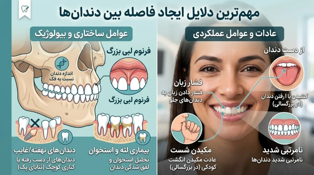 دلایل ایجاد فاصله بین دندانها شامل ژنتیک بیماری لثه و از دست دادن دندان